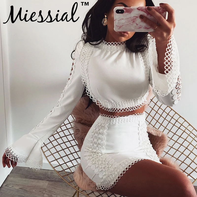Miessial Белое Кружевное облегающее сексуальное мини-платье женский костюм из двух