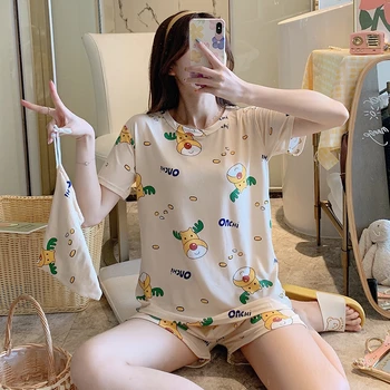 

3 PCS New Thin Women Pajamas Set Summer Round Neck Ladies Cartoon Printed Short Sleeve Sleepwear Homewear Female Pyjamas Set