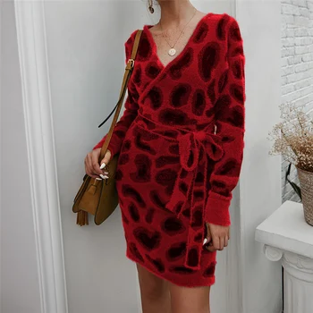 

women's knitted dresses with sashes fashion leopard print warm autumn hip dresses deep v-neck ladies elegant basic inner dresses