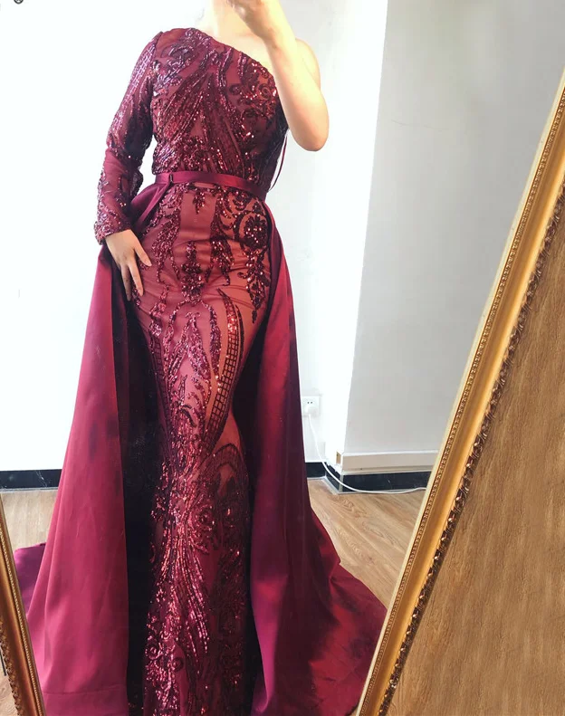 Зеленый одно плечо с длинным рукавом блестками сексуальные роскошные модные вечерние платья со шлейфом вечерние платья