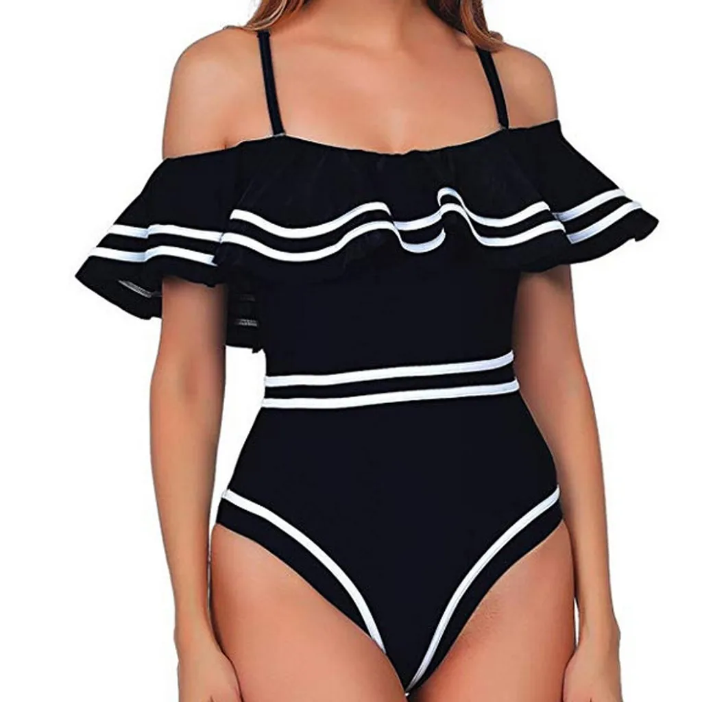 

Plus size 2019 Summer Swimwear Women 1 Piece Vintage Navy Ruched Flounce Off Shoulder Swimwear Bathing Suits Bodysuit