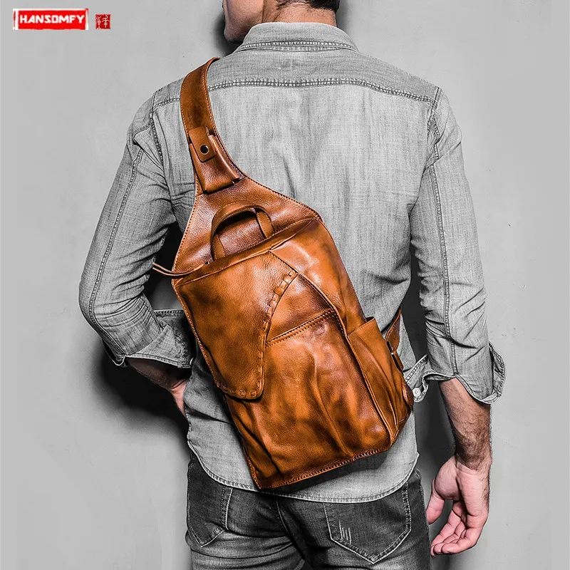 

Genuine Leather men's chest bag top layer leather men's bag retro casual bag new shoulder bag personality Messenger bags