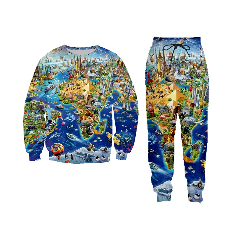 

Hipster Streetwear 3D Print Funny World Map and Animals Sweatshirts Long Pants Women/men Tracksuits Casual Jogger Pants Tops 5XL