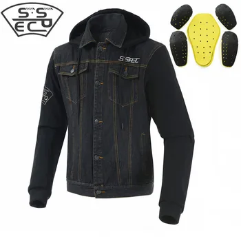 

New Denim Motorcycle Jacket Casual sweaterJean jacket Motocross racing hoodie riding jacket Windproof knight Coat+5pcs Protector