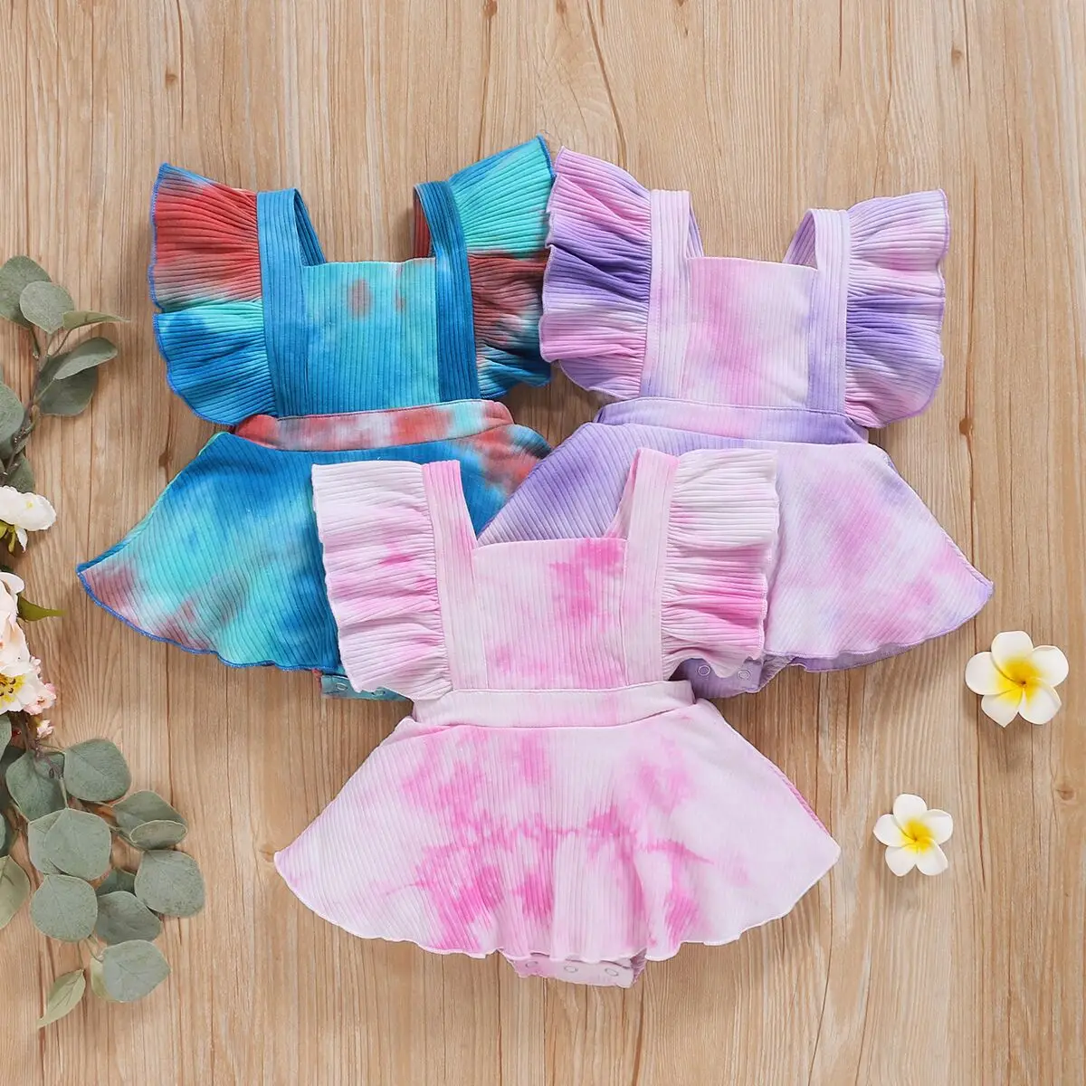 

Infant Newborn Baby Girls Jumpsuit Tie-dye Bodysuit Lotus Leaf Decoration Loose Version Bottom Button Summer Cool Clothing