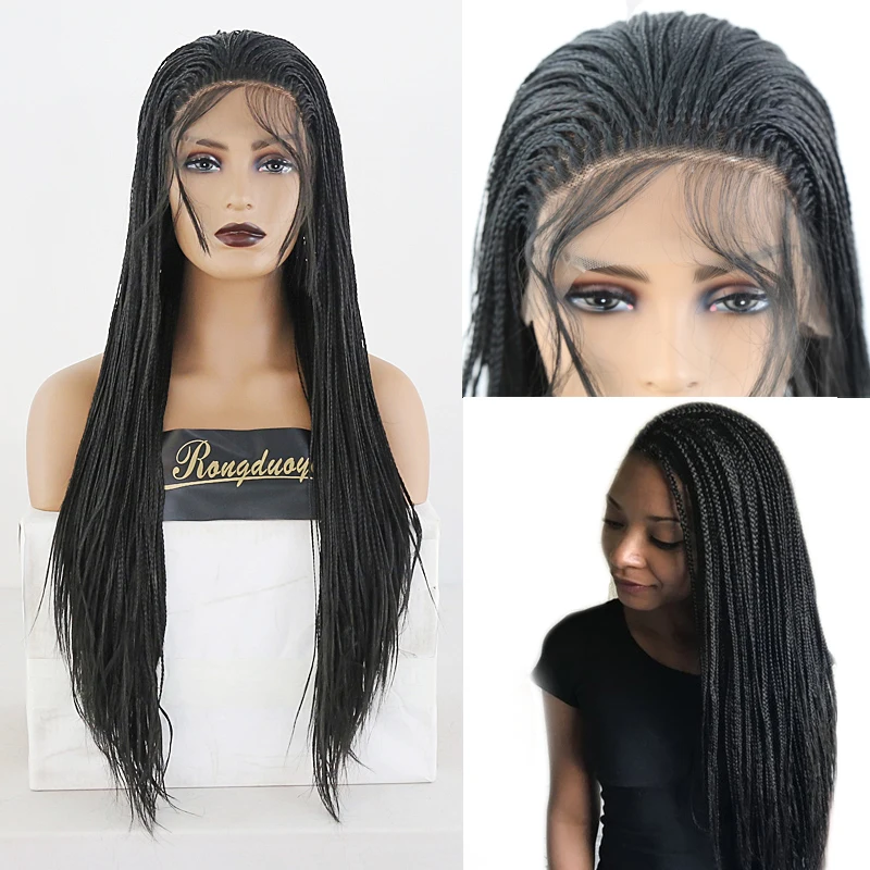 RONGDUOYI часть черного волокна волос синтетический парик фронта шнурка длинный Mirco плетеный ящик косы парики для женщин парик шнурка детские волосы