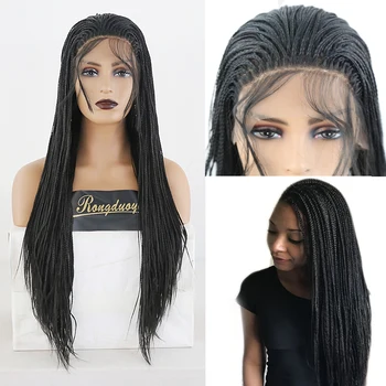 

RONGDUOYI Free Part Black Fiber Hair Synthetic Lace Front Wig Long Mirco Braided Box Braids Wigs for Women Lace Wig Baby Hair