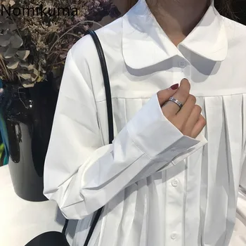 

Nomikuma Turn Down Collar Long Sleeve Blouse Women Solid Color Pleasted Loose White Shirts Female Casual Fashion New Tops 3a140