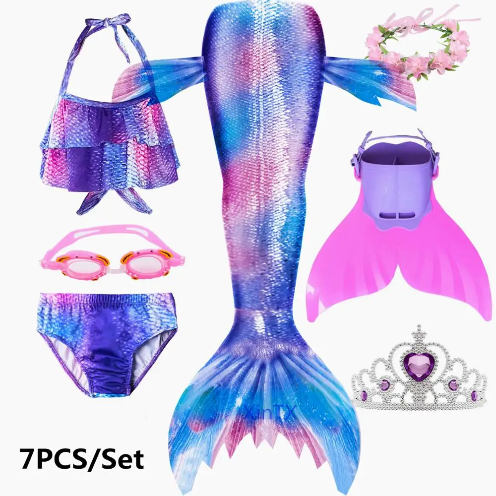 7PCS as picture show Новинка! 7 шт./компл. русалки для девочки Моноласты, хвосты для купания венок-Корона Goggle с хвостом русалки, купальный костюм для девочек, купальник-бикини, плавательный костюм, костюм - Цвет: 7PCS as picture show