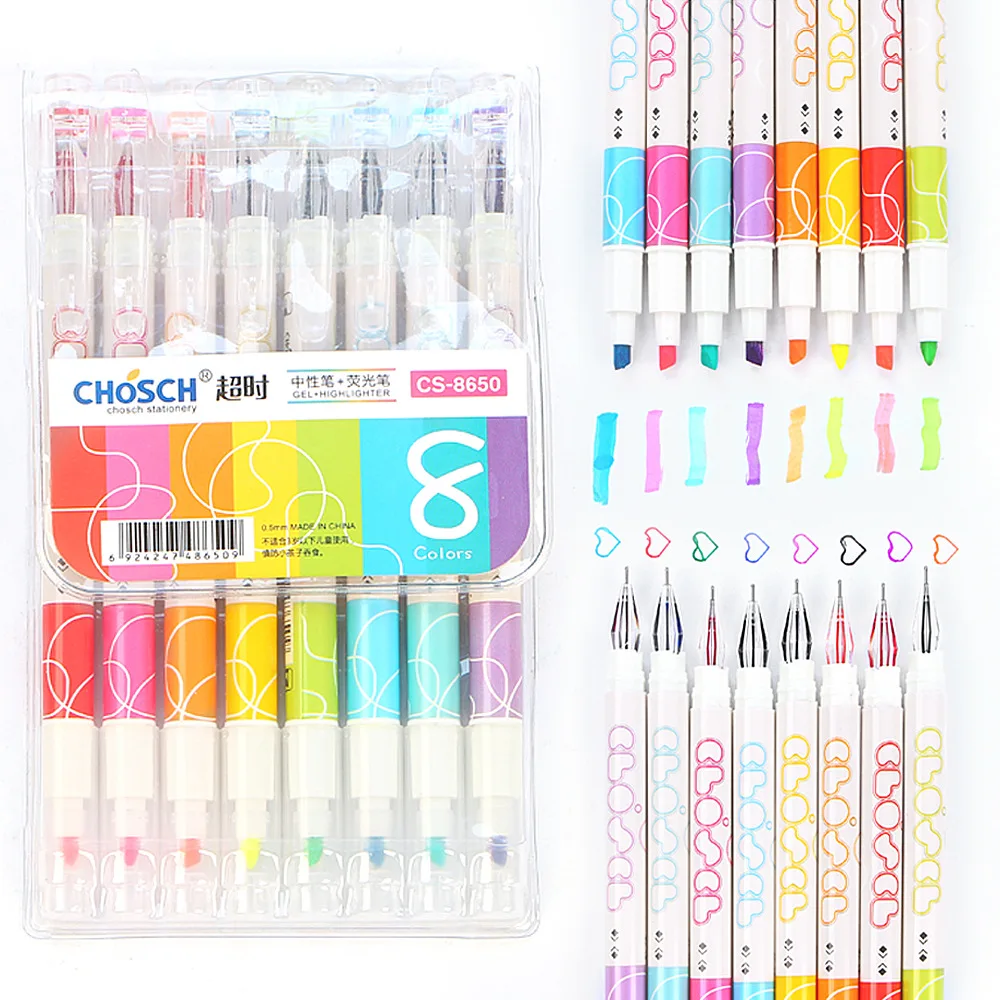 

8Pcs/pack Color Pen Creative Design Gel Pen Double-headed Writing and Highlighter Combination School Office Supplies Stationery