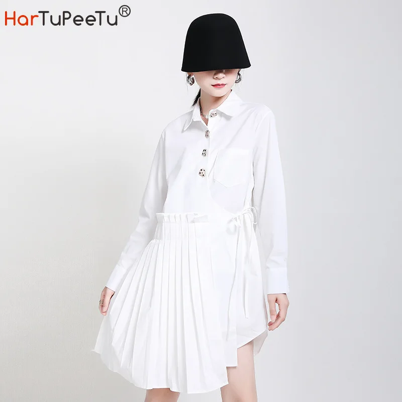 

White Blouse Dress Women Long Sleeve Big Size Patchwork Pleated Irregular Hem Drawstring Lace Up High Waist Shirt Streetwear