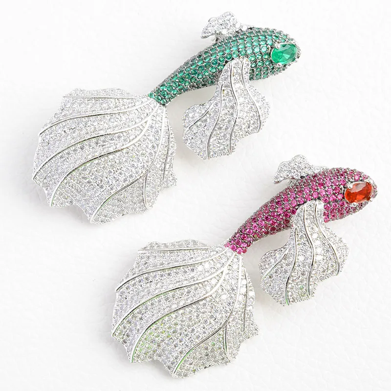 Clear and Fuchsia cz Goldfish Golden plated Paved CZ Brooches Necklace Pendant