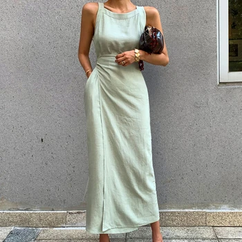 

Summer Sleeveless Dress Women O Neck Off Shoulder High Waist Bandage Elegant Midi Dresses Female Fashion 2020 XX193
