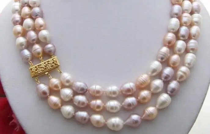 Jewelry Pearl Necklace 9-10 MM 3 strds natural freshwater Cultured multi colors rice Free Shipping | Украшения и аксессуары