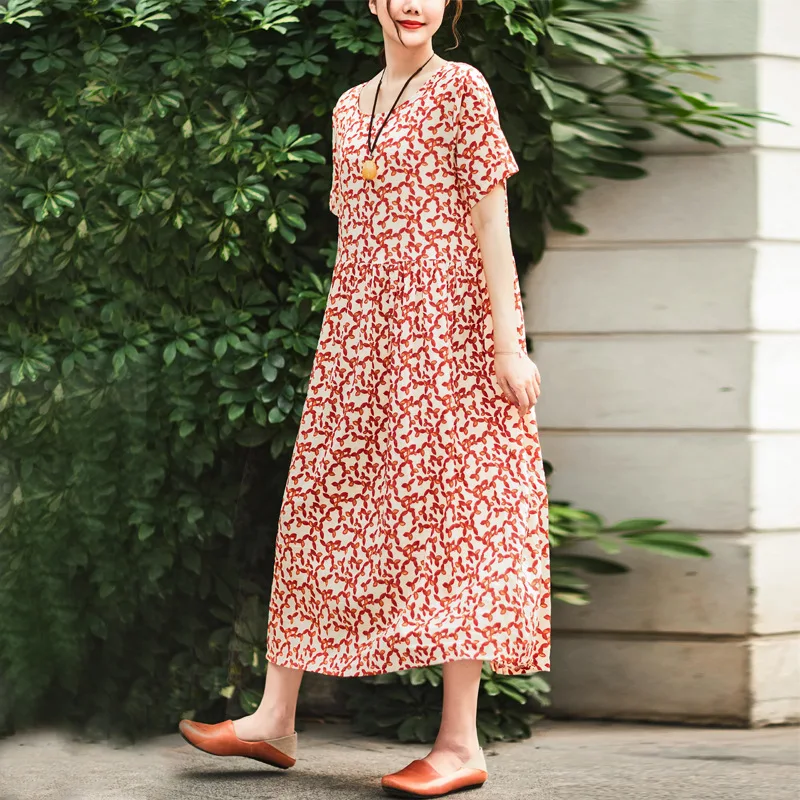 

2019 Summer New Style Retro Literature And Art High-waisted Printed Large Size Loose-Fit Dress Short Sleeve Robe