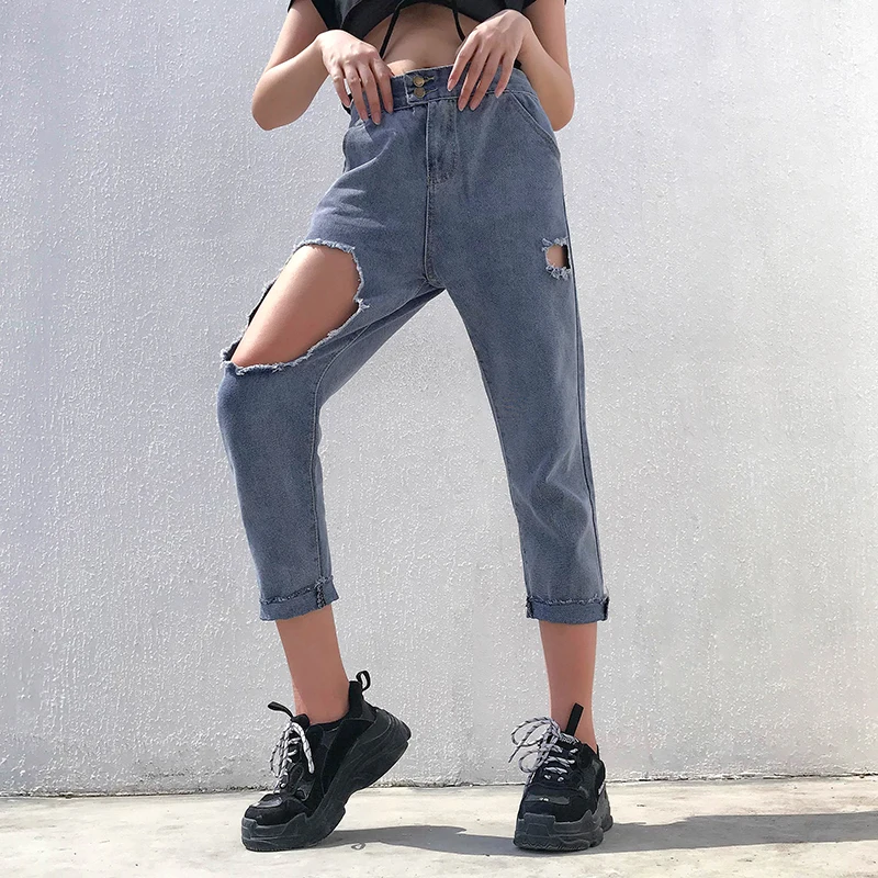 

2019 Korean Casual Fashion Hole Straight Jeans Street Retro Personality High Waist Calf-Length Cuffs Ripped Jeans for Women