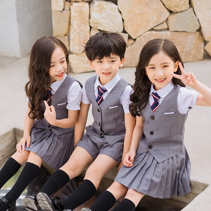 Children Korean School Uniform Boys Girls Pleated Skirt Vest Top