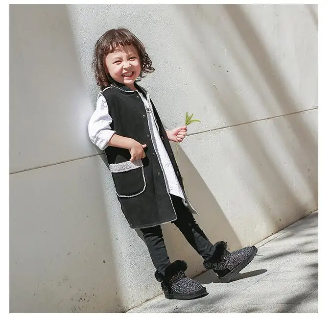 Г. Детские зимние ботинки с натуральным кроличьим мехом для девочек детская обувь Хлопок блестки сапоги из натуральной кожи для малышей Розовый Черный