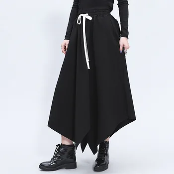 

LANMREM 2020 New Spring Solid Color Lace-up Splice Mid-length Skirt Streetwear High Waist Irregular Loose Skirt Tide PC961