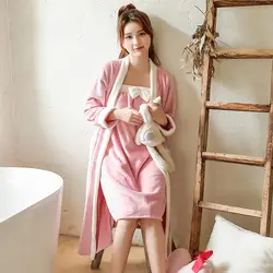 Утолщенные фланелевые халаты для женщин, зимний халат и халат, комплект милых розовых пижам, 2 штуки, домашняя одежда, сексуальная женская