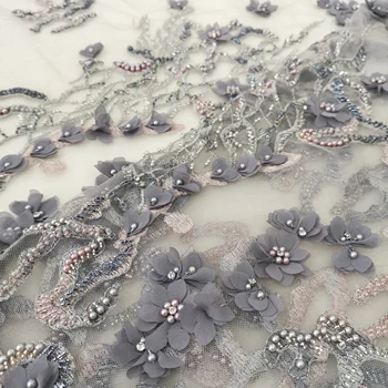 

steel grey color lace high class embroidery mesh lace fabric with hand craft beads tassels 3d chiffon flowers shining rhinestone
