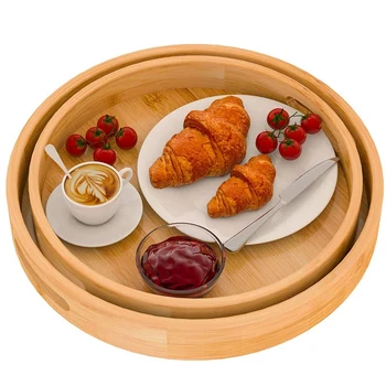 

New Round Serving Trays Set with Handles - Wooden Bamboo Circle Tray for Coffee Table, Food, Ottoman 30cm&35cm