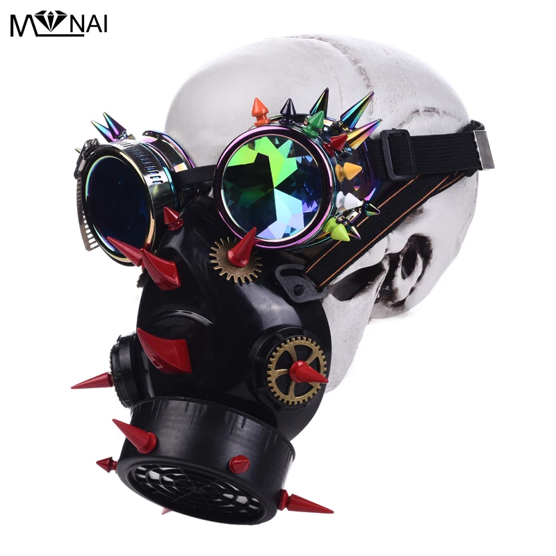

Steam Punk Men Women Colorful Long Spikes Studded Mask with Goggles Punk Gothic Red Rivets Glasses and Gear Mask Biker Rock