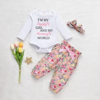 

Newborn Kids Girls Alpha-Printed Romper+Floral Printed Trousers+Headband Three-Piece Baby Girl Clothing Set