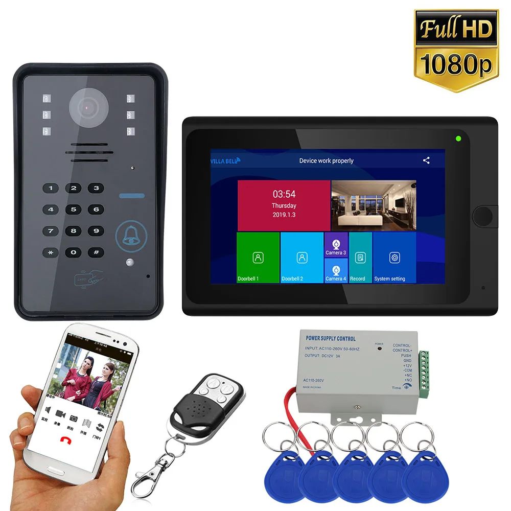 cheap 7 inch Wifi Wireless RFID Video Door Phone Doorbell Intercom System with Wired AHD 1080P camera