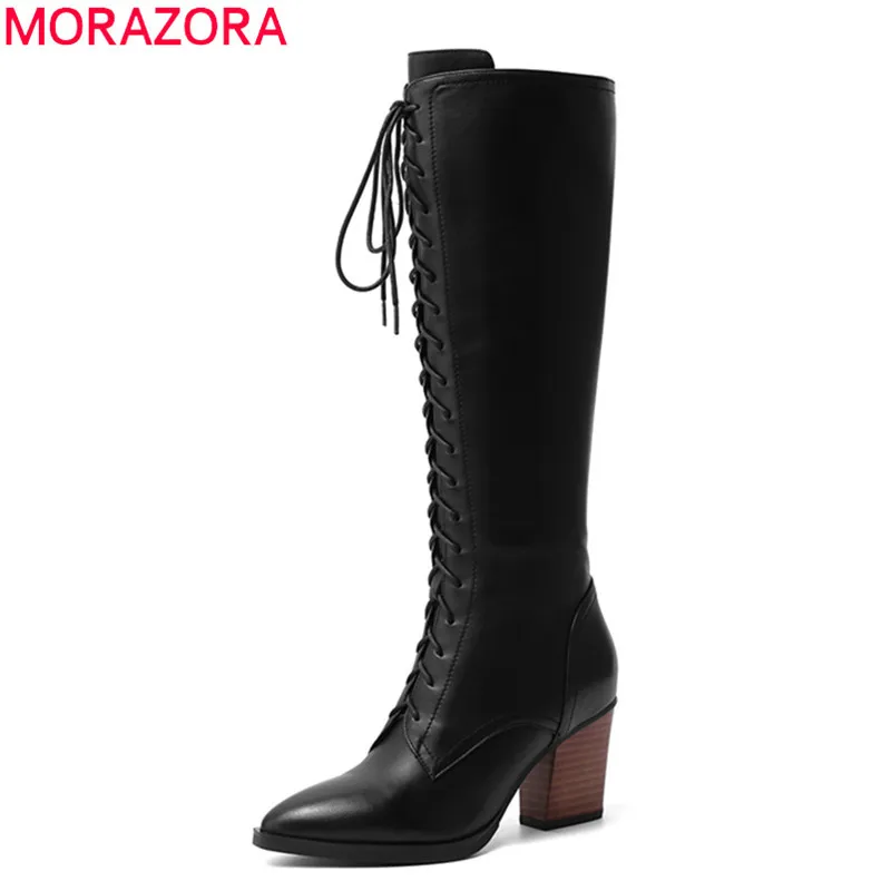 

MORAZORA 2020 winter hot sale knee high boots thick high heels pointed toe shoes women boots fashion lace up solid ladies shoes