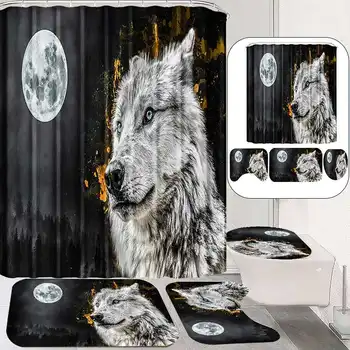 

New 3D Wolf Printing Bathroom Set Waterproof Shower Curtain Anti-Slip Lid Toilet Cover Toilet Mats Set Mildew-proof Pedestal Rug