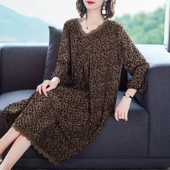 

Vintage Spring Fall Fashion Womens V Neck Lace Patchwork Leopard Loose Dress , 2019 Autumn Female Woman 4xl Printed Dreses