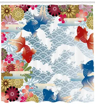 

Traditional Japanese Style Background with Koi Fish Floral Icons Folk Modern Design