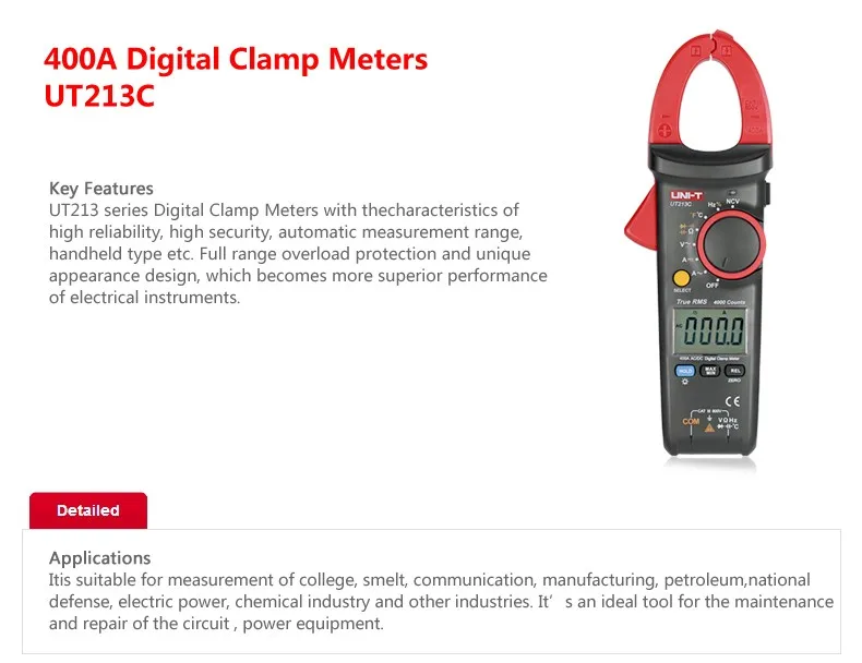 UNI-T UT213C 400A цифровые клещи сопротивление напряжения емкость мультиметр температура Авто Диапазон multimetro диод trueRMS