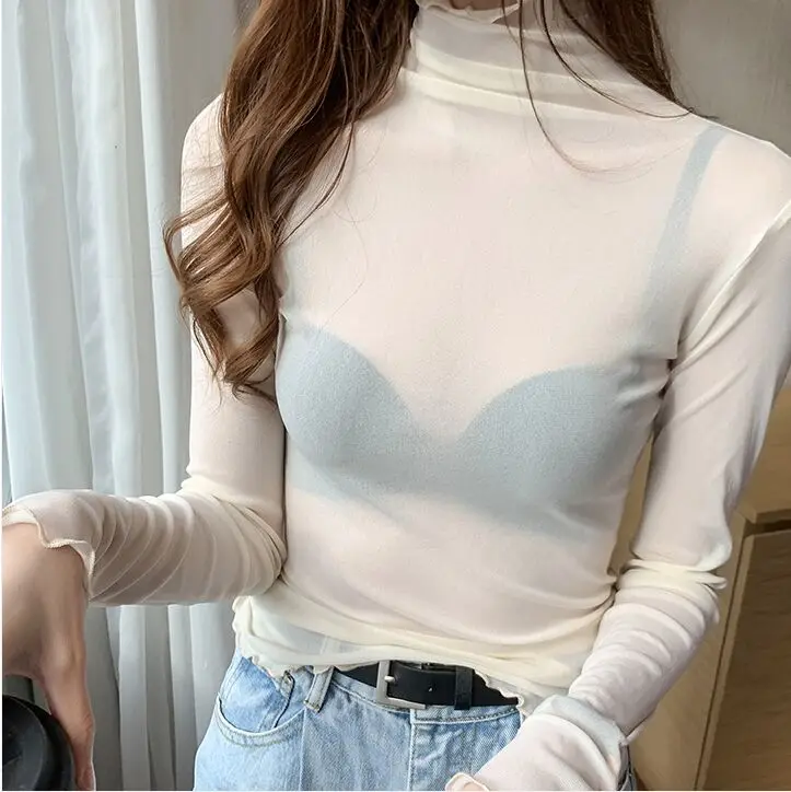 Size M 3XL Girls Mesh Blouses Shirts Tees Female Autumn Transparent Full Sleeve Turtleneck Thin Blouse Tops Undershirts Women