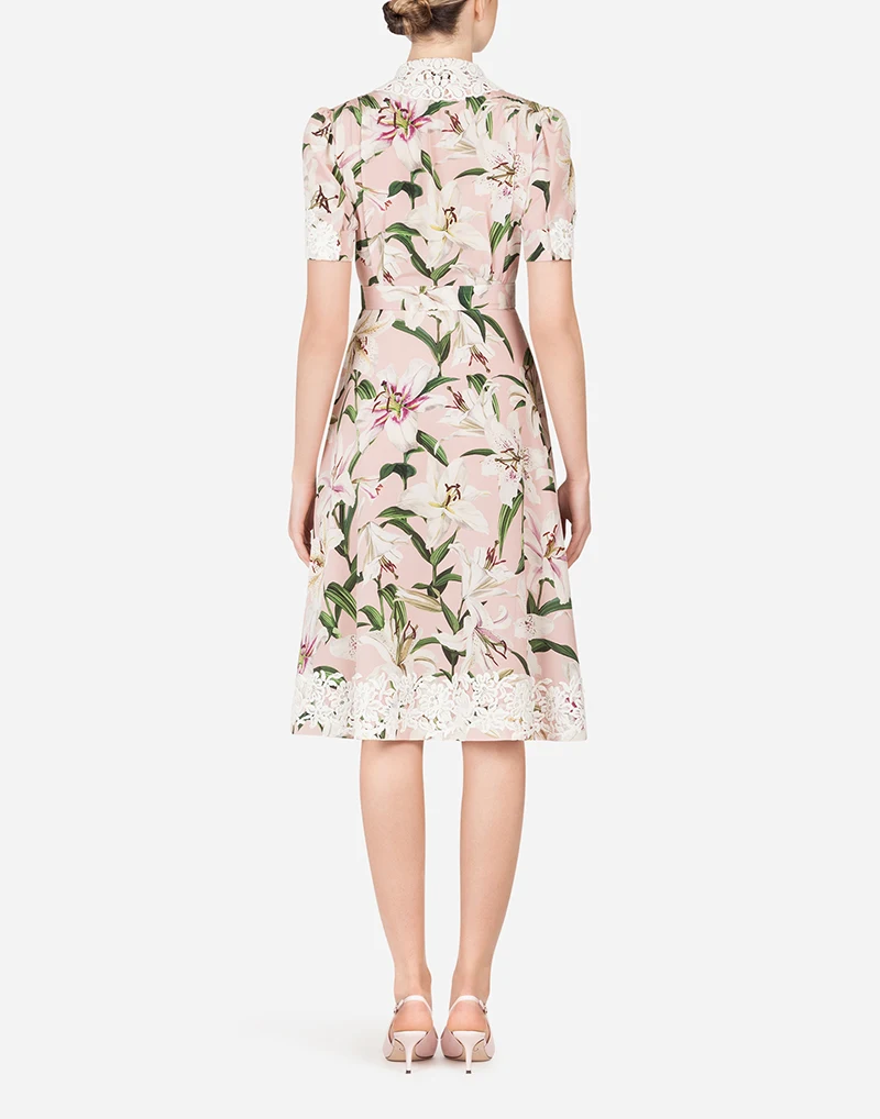 Summer Runway desigher dress High Quality Women Sweet Peter Pan Collar Elegant Chic Lace splice Floral Print Dresses