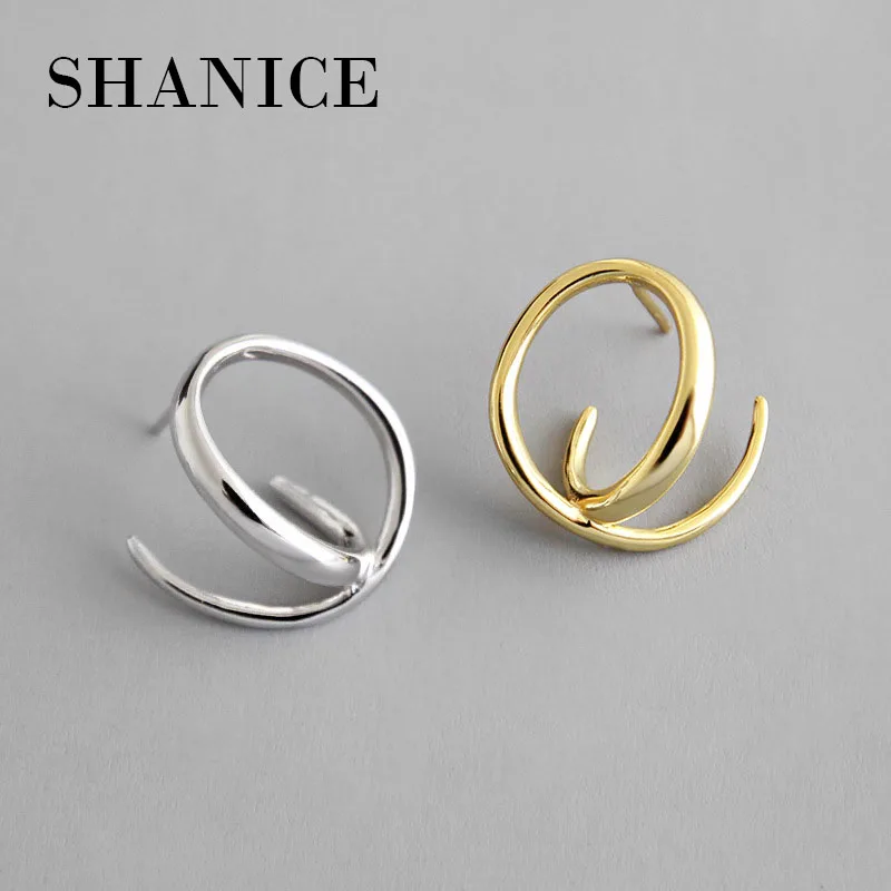 

SHANICE 925 Sterling Silver Stud Earrings For Women Girls INS simple geometric circle irregular lines Kids Piercing Jewelry