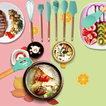 

Wooden Handle Food Grade Silicone Kitchenware 6 Pcs Set Small Fresh Japanese Style Houehold Kitchen Cooking Accessories