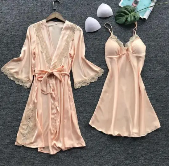 Fashion Women's Summer Mini Kimono Robe Lady Rayon Bath Gown Yukata Nightgown Sleepwear Sleepshirts Pijama Mujer Size M-XL - Цвет: Skin