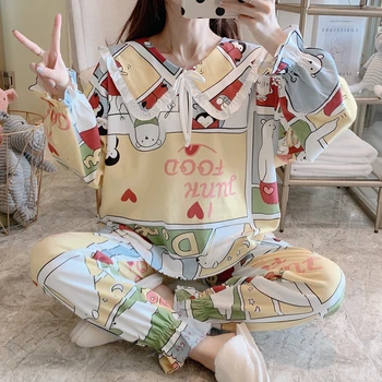 

2020 Pajama suit sweet doll collar women's pajamas blue pajamas lovely home clothes women's winter cartoon cotton pajamas