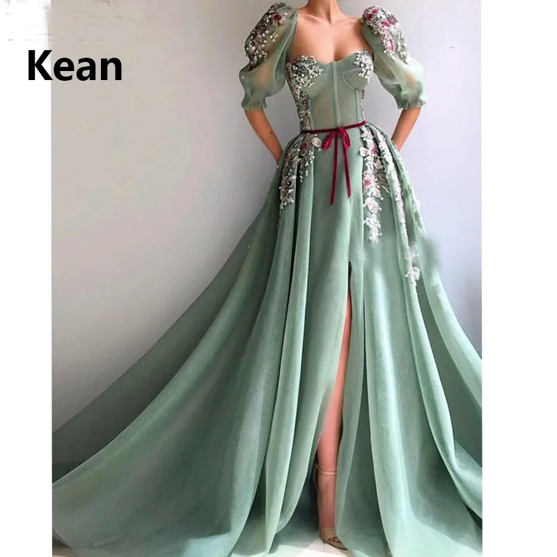 

Mint Green Muslim Evening Dress Half Sleeve Split Lace Flower Illusion Islamic Dubai Kaftan Saudi Arabic Prom Dress New Arrival