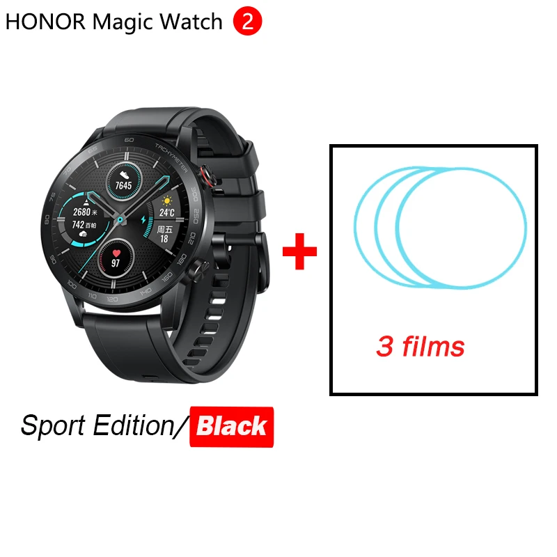 Honor magic Watch 2 magic 2 Смарт-часы датчик кислорода в крови spo2 телефонный Звонок трекер сердечного ритма для Android iOS - Цвет: black 3 films