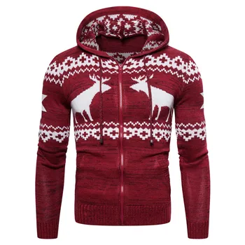 

OLOME Christmas Sweaters Men Print Zipper SweaterCoats Mens Winter Warm Thicker Cotton Wool Cardigan Male Casual Sweater Jackets