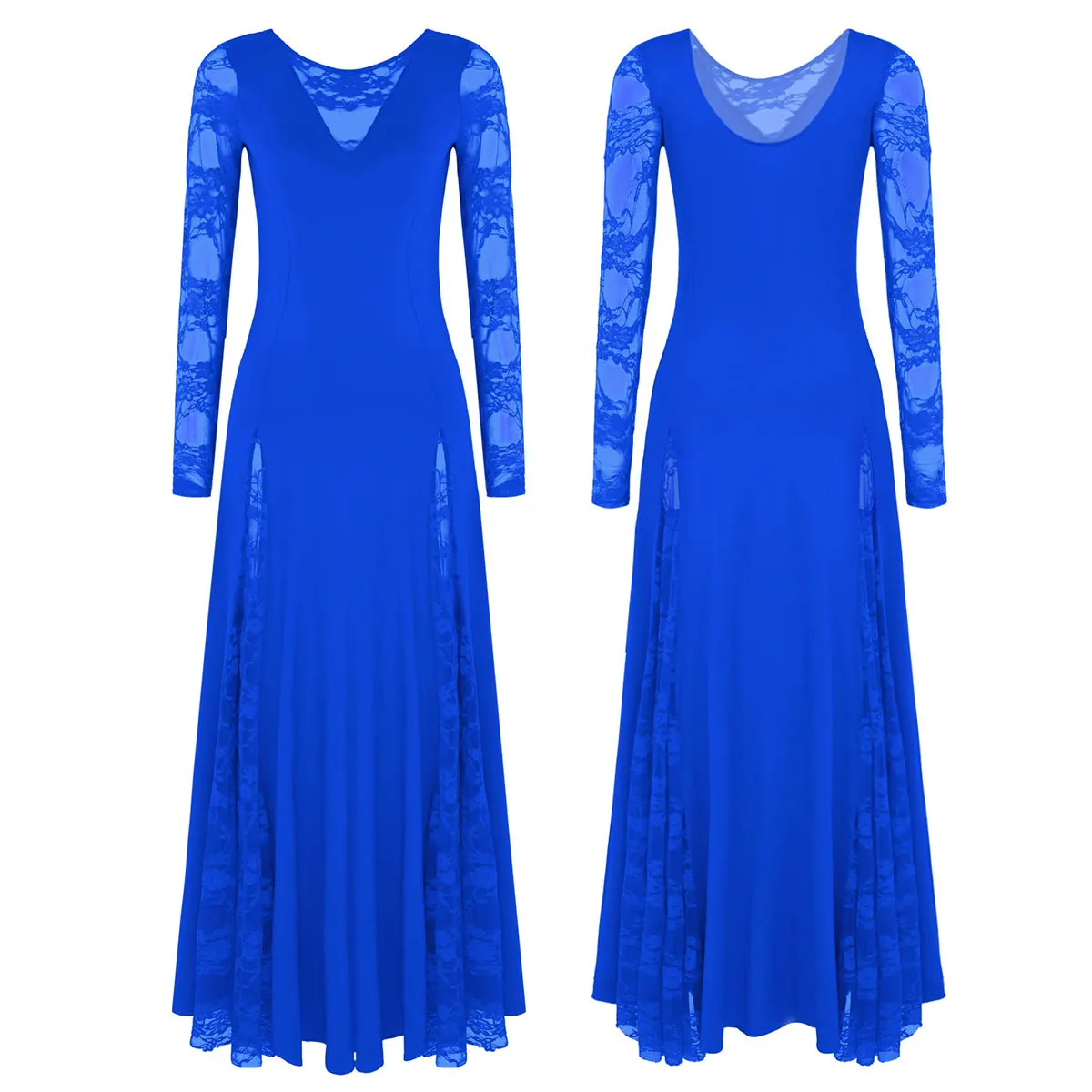 Женский кружевной стандартный бальный зал танцевальное платье вальс Танго латинский танцевальный костюм для взрослых с длинным рукавом Свадебная вечерняя одежда для выпускного вечера - Цвет: Royal Blue