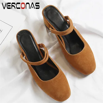 

VERCONAS Women 2020 Brand Design Mules New Arrival Top Quality High Heeled Round Toe Basic Shoes Summer Sandals Shoes Woman