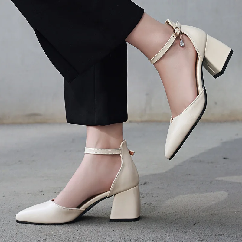 

A- line with Sandals Women's 2019 New Style Summer Fairy Wind Versatile Pointed Toe Chunky Heel Semi-high Heeled High Heel Shoes