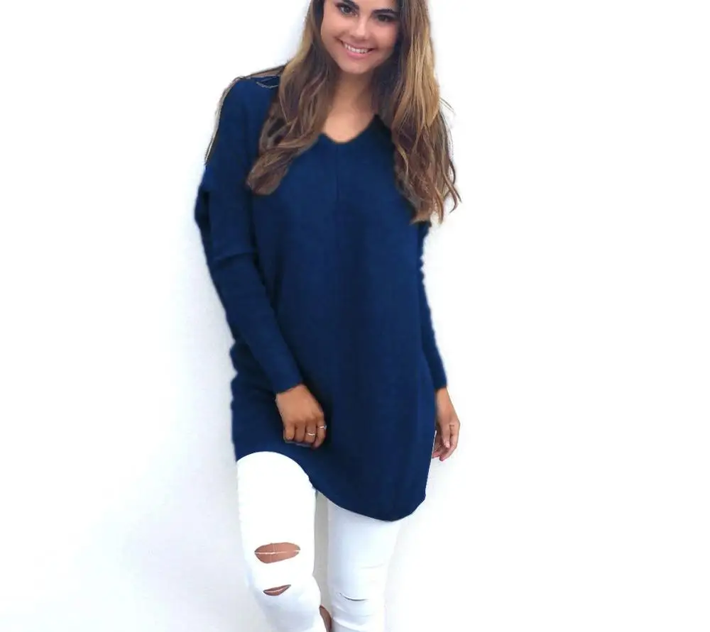 CUHAKCI Cashmere Wool Autumn Winter Casual Knitted Ladies Sweater Long Sleeve V-neck Women Tops Sweaters Plue Size Pullovers - Цвет: S262 Navy Blue
