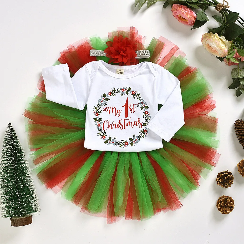 Боди с надписью «My First Christmas» для девочек, топы+ платье-пачка повязка на голову, одежда для маленьких девочек От 0 до 2 лет платье для маленьких девочек на Рождество «My 1st»
