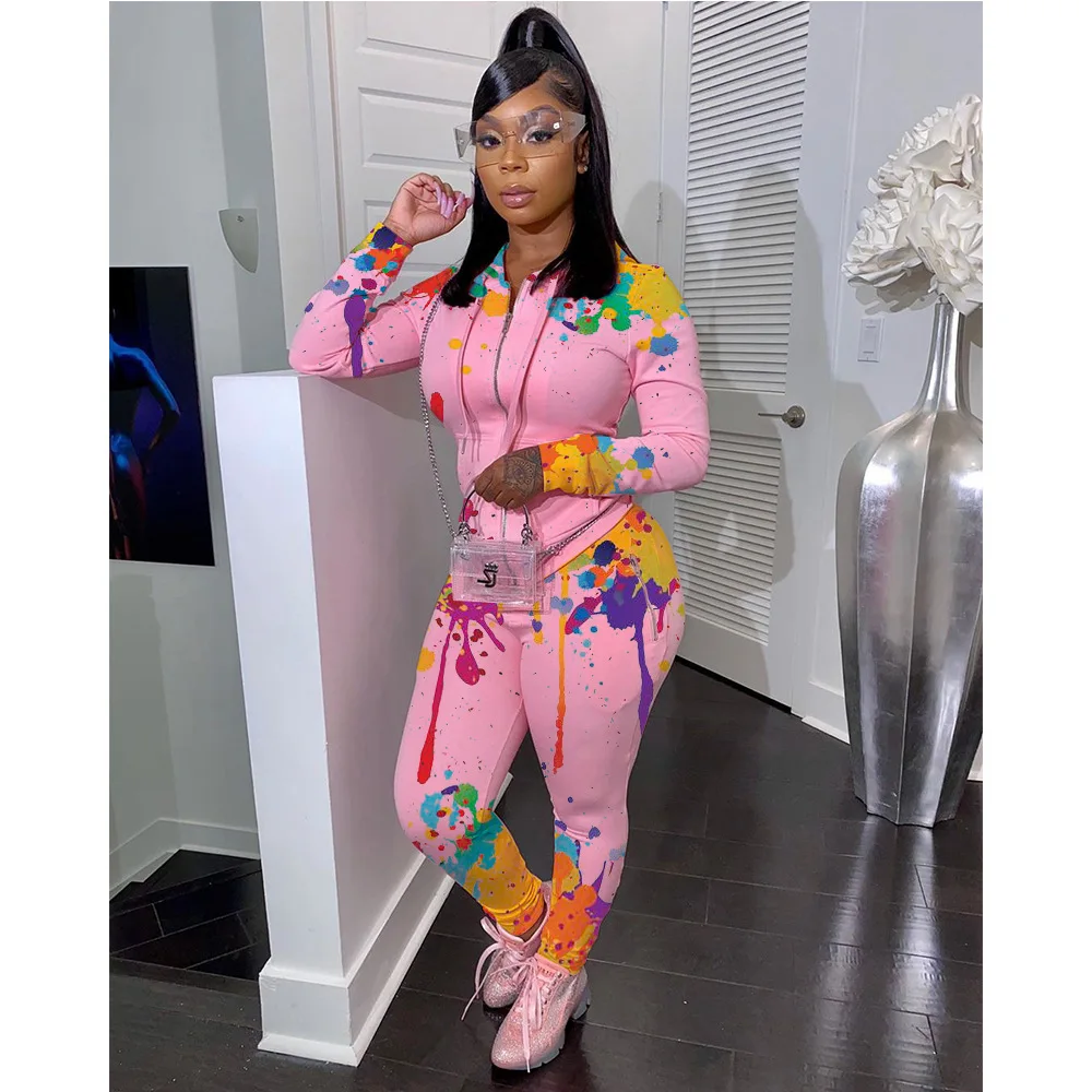

Graffiti Print Sweatsuit Women Set Hooded Zipper Sweatshirt Pants Tracksuit Two Piece Fitness Outfit Jogging Femme Matching Sets