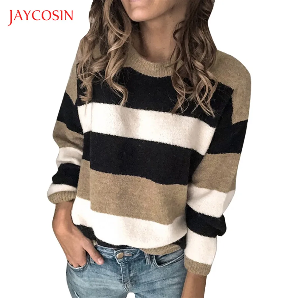 Joycosin, модные женские свитера с круглым вырезом, теплые, с длинным рукавом, в полоску, с принтом, эластичные, вязаные, мягкие, свободные свитера, Топ